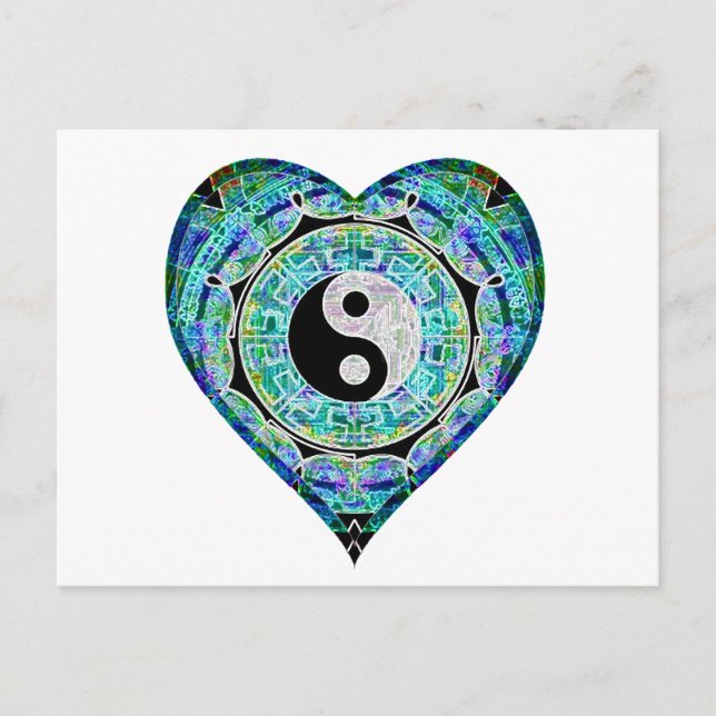 Carte Postale Coeur bleu vert Yin Yang (Devant)