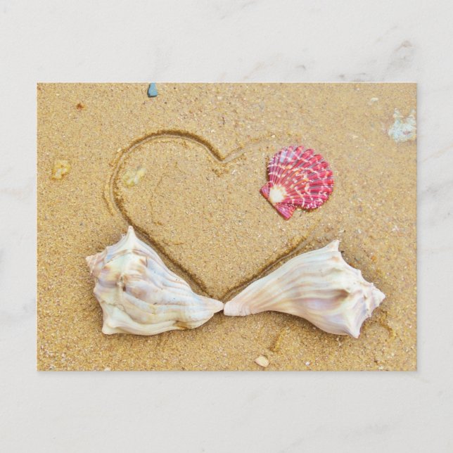 Carte Postale coeur dans le sable avec coquillages (Devant)