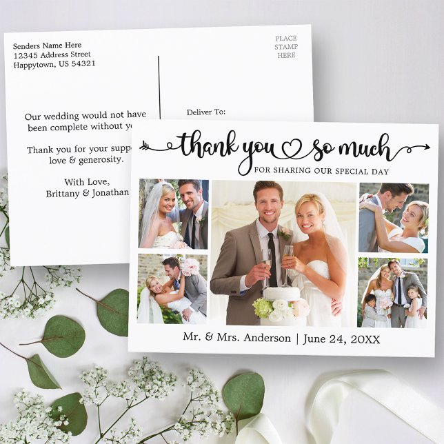 Carte Postale Cœur de calligraphie 5 Photo Mariage Merci (Customize to change your personalized text size or text style.)