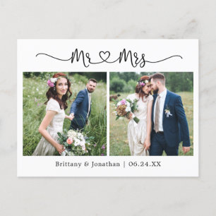 Carte Postale Cœur de calligraphie Mariage 2 Photo Merci