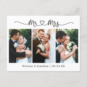 Carte Postale Cœur de calligraphie Mariage 3 Photo Merci