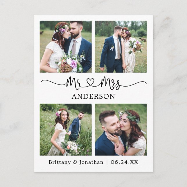 Carte Postale Cœur de calligraphie moderne 4 Photo Mariage Remer (Devant)