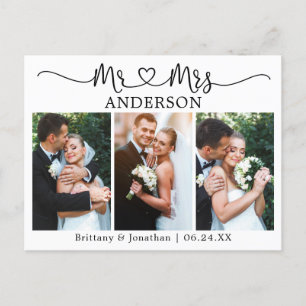 Carte Postale Cœur de calligraphie moderne Mariage 3 Photo Merci