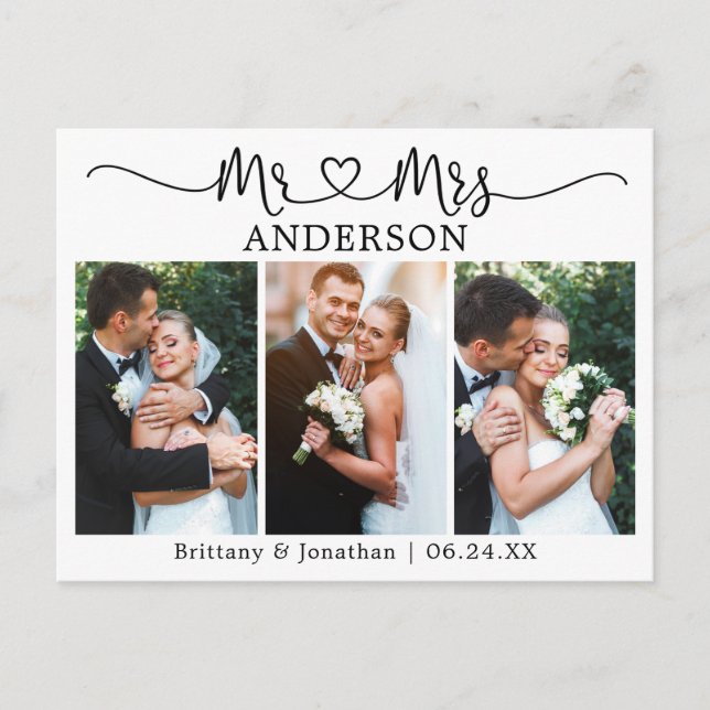 Carte Postale Cœur de calligraphie moderne Mariage 3 Photo Merci (Devant)