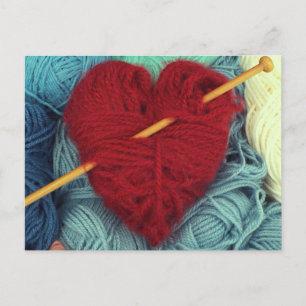 Carte Postale Coeur de laine rouge mignon avec tricot aiguille c