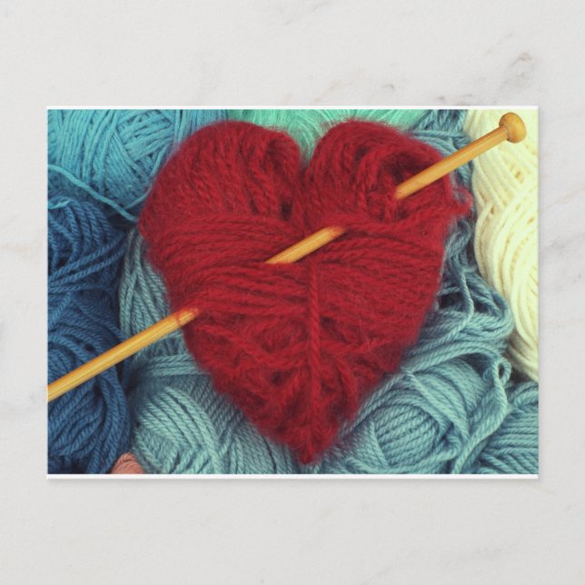Carte Postale Coeur de laine rouge mignon avec tricot aiguille c (Devant)