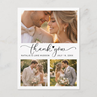 Carte Postale Cœur de script 3 Collage de photos Mariage Remerci