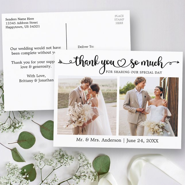 Carte Postale Cœur de script de calligraphie 2 Photo Mariage Rem (Customize to change your personalized text size or text style.)