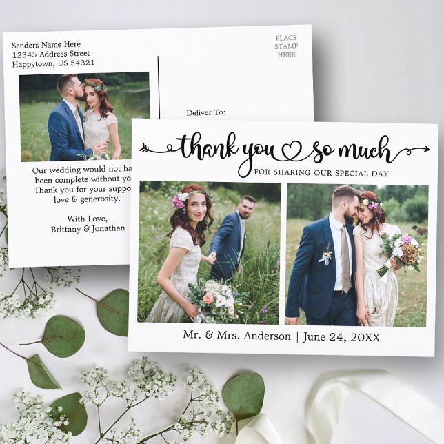 Carte Postale Cœur de script de calligraphie 3 Photo Mariage Mer (Customize to change your personalized text size or text style.)