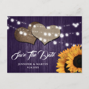 Carte Postale Cœur de toile de jute au tournesol violet Lumières