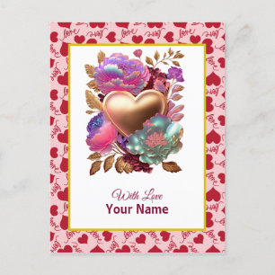 Carte Postale Cœur doré et floral romantique