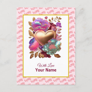 Carte Postale Cœur doré et floral romantique