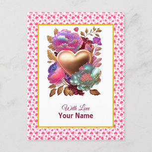 Carte Postale Cœur doré et floral romantique