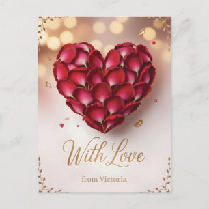 Carte Postale Cœur fait de pétales de rose rouge profond et écri