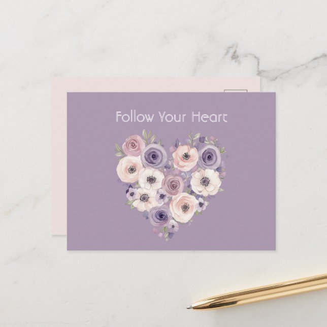 Carte Postale Cœur floral blanc violet rose (Devant/Arrière en situation)