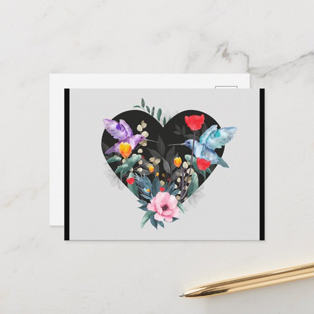 Carte Postale Cœur Noir (Watercolor illustration featuring a black heart shape filled with a variety of flowers!)