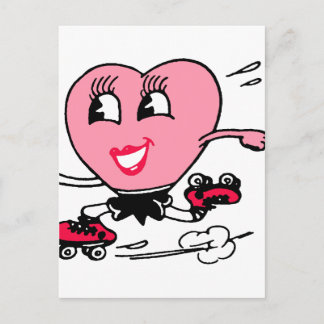 Carte Postale Coeur rose sur patins à rouleaux