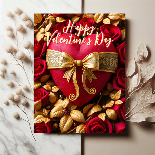 Carte Postale Coeur rouge luxueux et Saint-Valentin Rose