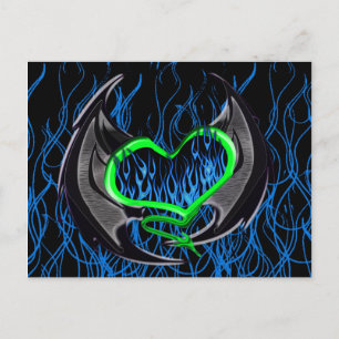 Carte Postale Coeur vert flamboyant avec ailes de chauve-souris