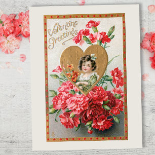 Carte Postale Coeur vintage et oeillets Valentine