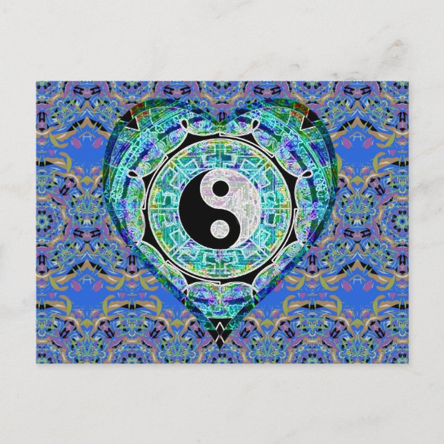 Carte Postale Coeur Yin Yang de vert bleu de mandala (Devant)