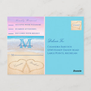 Carte Postale Coeurs ciel rose violet dans le sable Beach Weddin