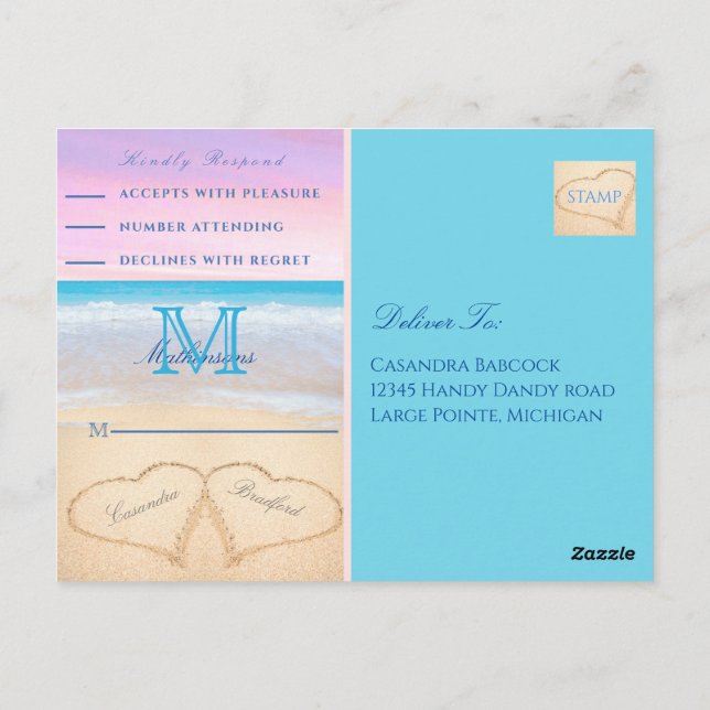 Carte Postale Coeurs ciel rose violet dans le sable Beach Weddin (Dos)