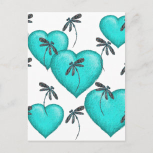 Carte Postale Coeurs d'amour et libellules Turquoise