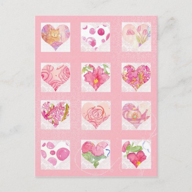 Carte Postale Coeurs d'aquarelle rose Fleur Collage Rose Chat (Devant)