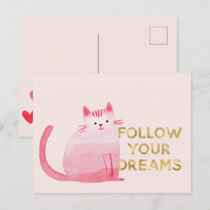 Carte Postale Coeurs de chats roses mignons Gold Suivez les rêve