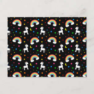 Carte Postale Coeurs de licorne arc-en-ciel noir étoiles motif