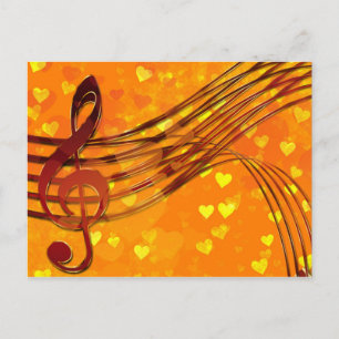 Carte Postale Coeurs d'or avec un Clef et de la musique en métal