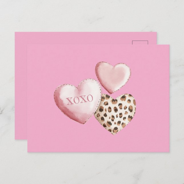 Carte Postale Coeurs Empreintes de léopard XOXO Rose (Devant / Derrière)
