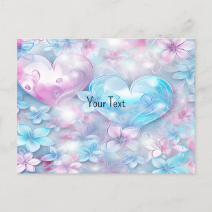 Carte postale Coeurs et fleurs d'Aqua rose