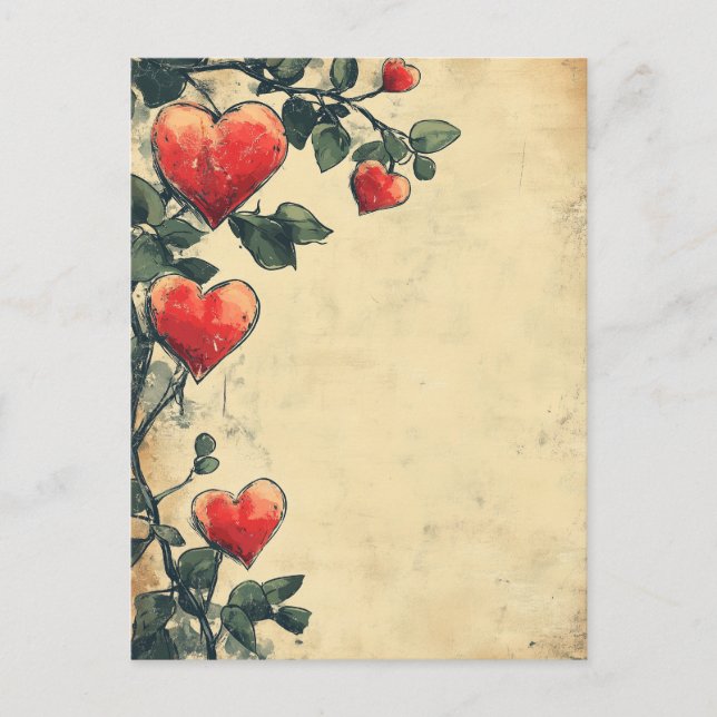 Carte Postale Coeurs et Rose Amour Vintage (Devant)