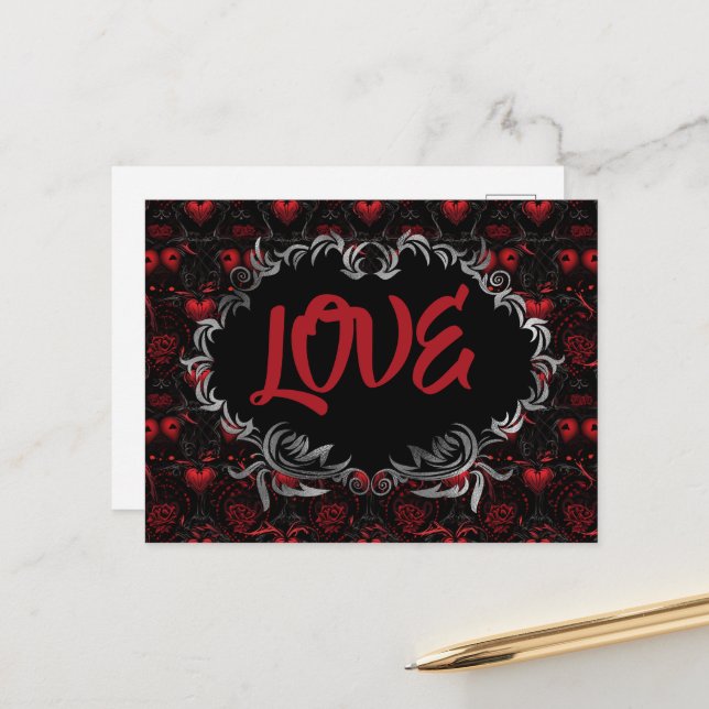 Carte Postale Cœurs gothiques AMOUR Saint Valentin  (Devant/Arrière en situation)