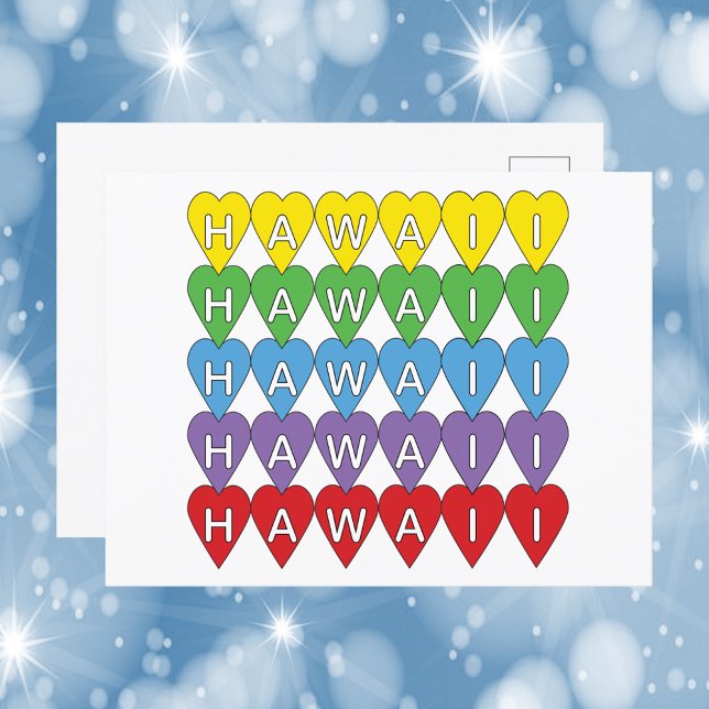 Carte Postale Coeurs Hawaii colorés (A postcard that says Hawaii with yellow, green, blue, purple & red hearts)