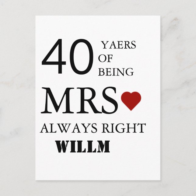 Carte Postale Coeurs mariage 40e anniversaire M. Mme Right (Devant)