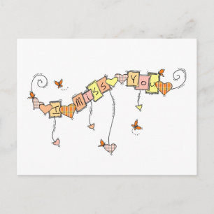 Carte Postale Coeurs Plaid et papillons Je vous manque Enseignan