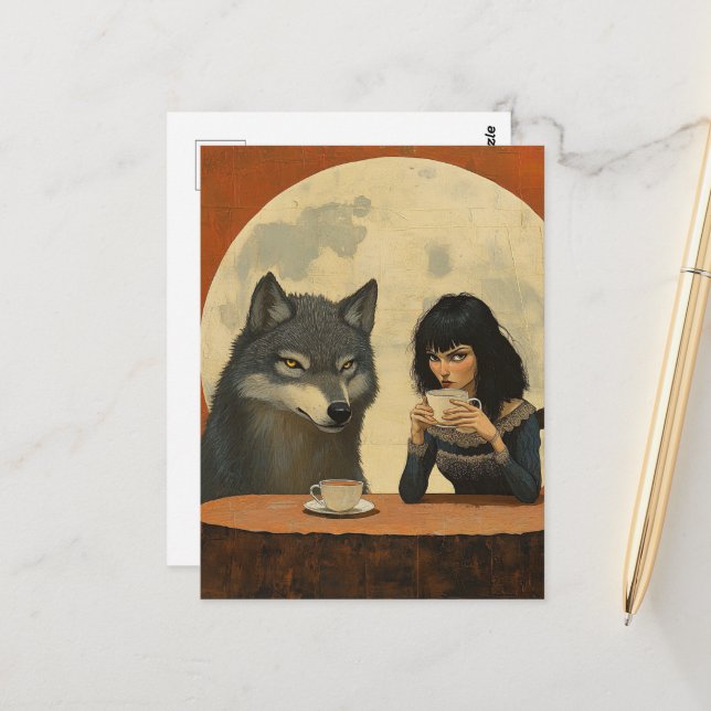 Carte Postale Coffee With the Wolf during a full moon moody (Devant/Arrière en situation)