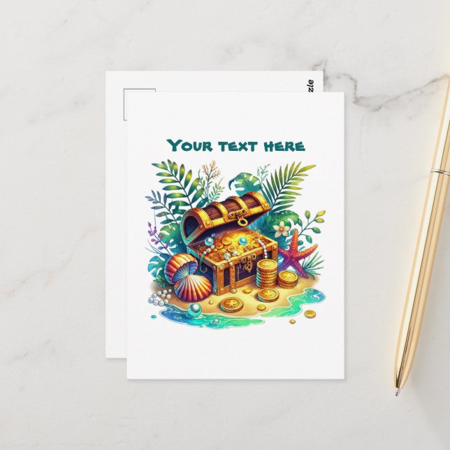 Carte Postale Coffret à trésor personnalisable de plage mignon (Devant/Arrière en situation)