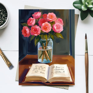 Carte Postale Coin Lecture Rose Rose Florale Bouquet Aquarelle