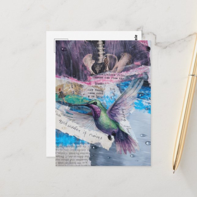 Carte Postale Colage de colibri et d'os avec pluie (Devant/Arrière en situation)