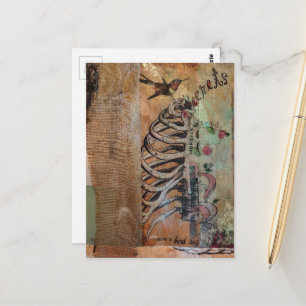 Carte Postale Colage en mixed media sur oiseau-mouche et cage th