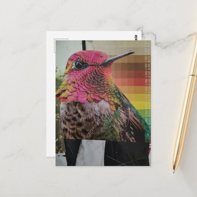 Carte Postale Colage surréaliste colibri (Devant/Arrière en situation)