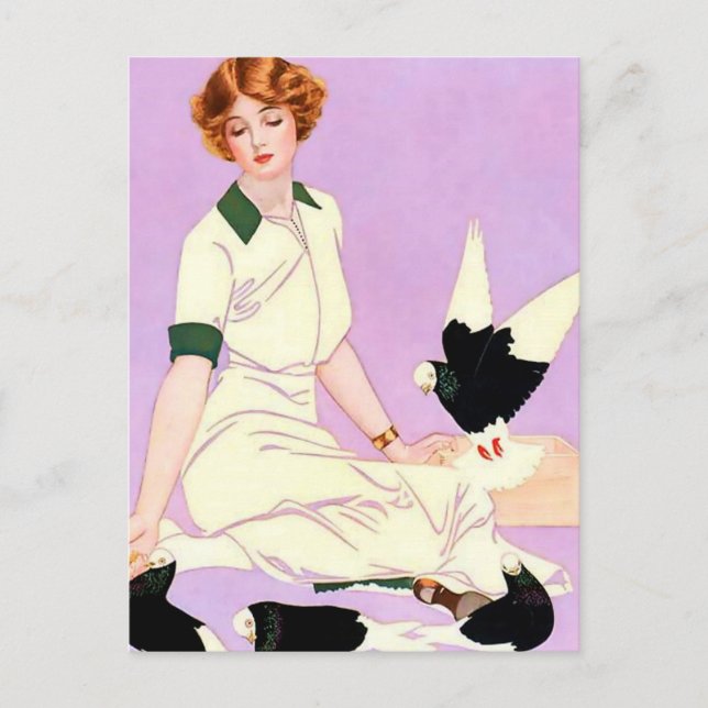 Carte Postale Coles Phillips "Fadeaway Girl" "Nourrir des pigeon (Devant)