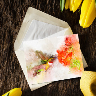 Carte Postale Colibri à l'aquarelle se nourrissant d'une fleur v