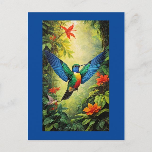 Carte Postale Colibri, cadre bleu, (Devant)