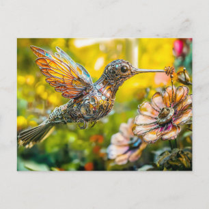 Carte Postale Colibri en métal en vol sur une fleur