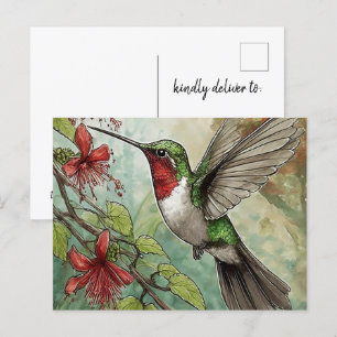 Carte Postale Colibri en vol avec Vigne rouge de trompette